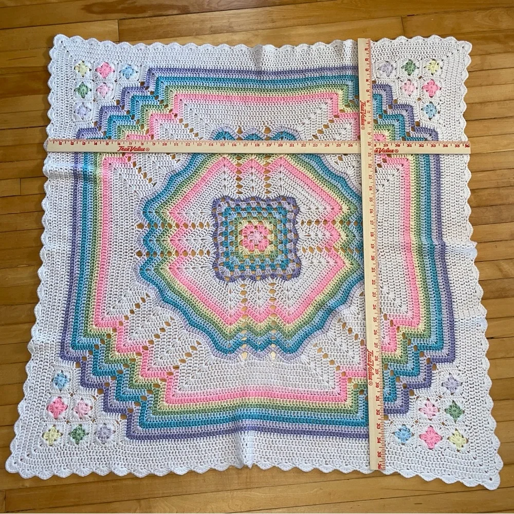 Crochet Handmade Pastel Rainbow Baby Blanket Corner Flower Detail Nursery 36X36